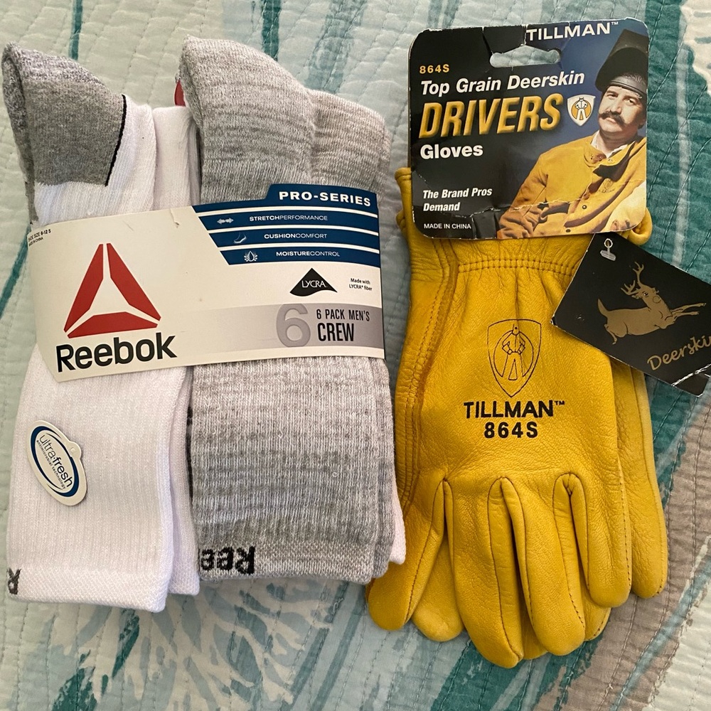 Working Man bundle Reebok Crew Socks pack and Tillman deer skin gloves NWT